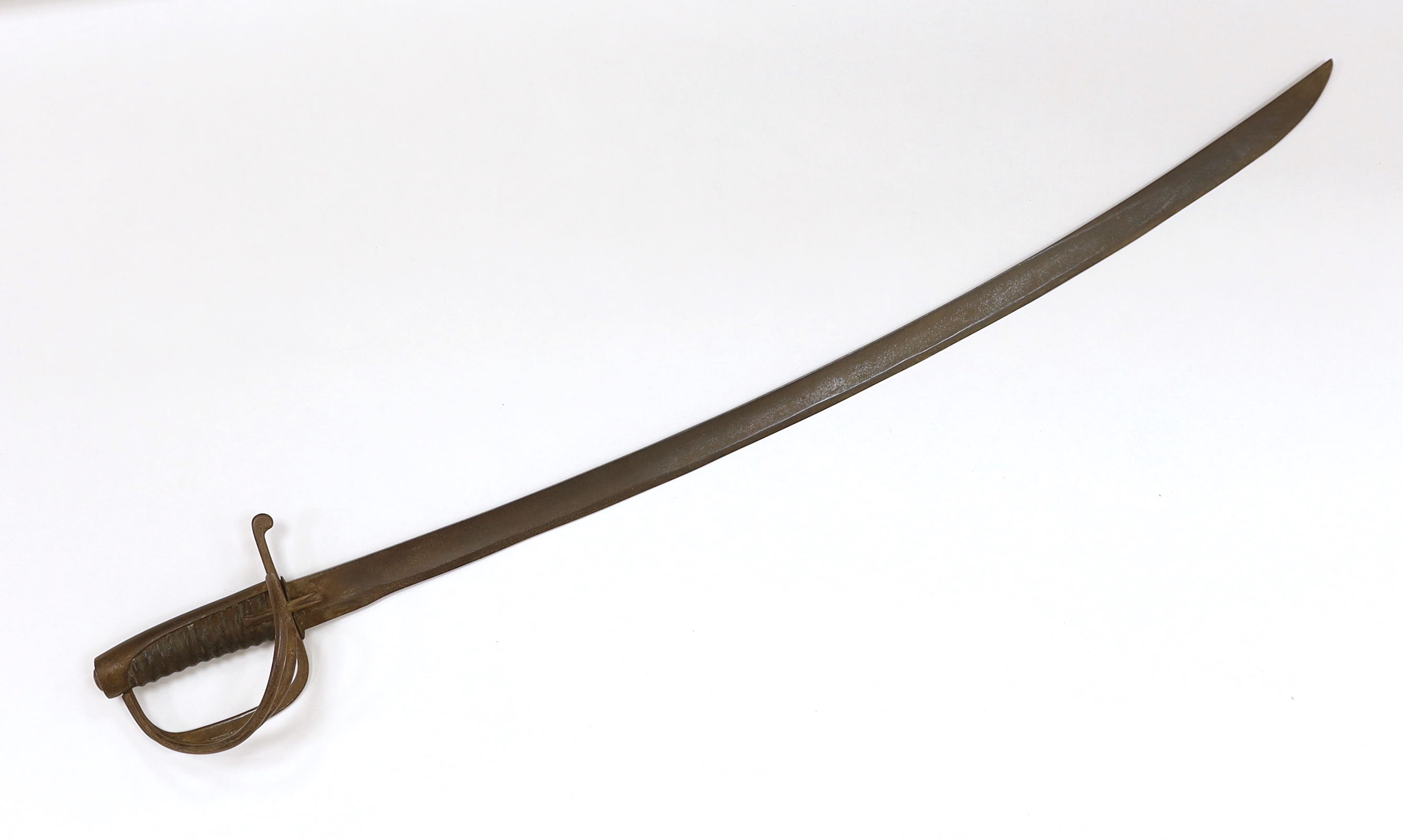 A military sabre with wrought iron guard stamped 377, blade 89cm